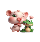 ピンクブタ＆ワニ べたべたカップル（個別スタンプ：3）